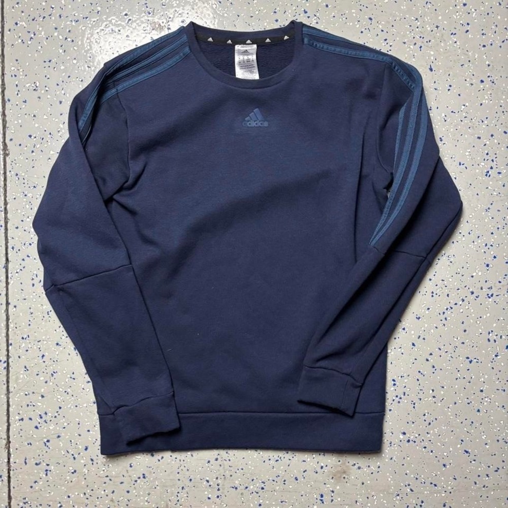 Adidas Navy Crewneck Sweatshirt Striped Pullover Mens Medium Logo Center